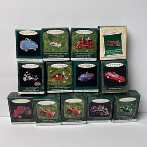 13 Hallmark Keepsake Miniature Ornaments Car Tractor Boat Fire Truck Motorcycle